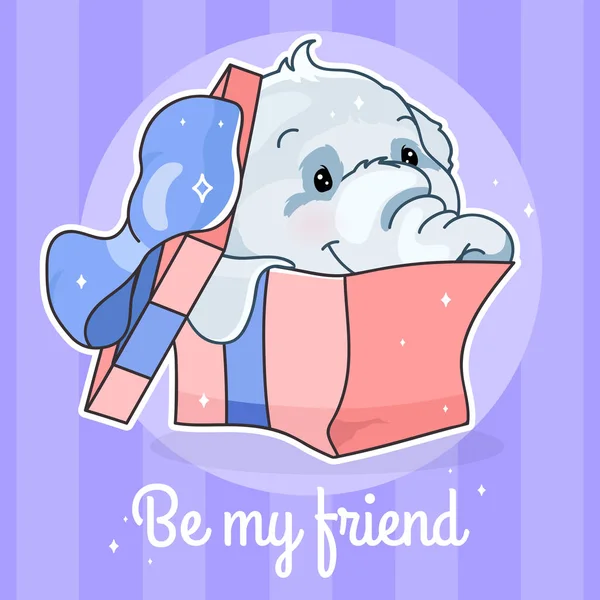 Mignon éléphant kawaii personnage social media post mockup. Sois mon ami lettrage. Affiche positive, modèle de carte avec animal dans une boîte cadeau. Mise en page du contenu des médias sociaux. Imprimer, illustration de livre pour enfants — Image vectorielle