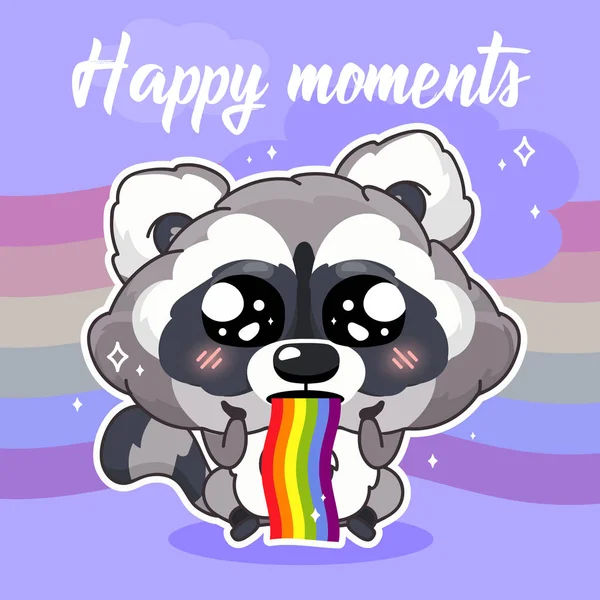 Cute raccoon kawaii character social media post mockup. Happy moment lettering. Positive poster, card template with animal vomiting rainbow. Social media content layout. Print, kids book illustration — Stock Vector