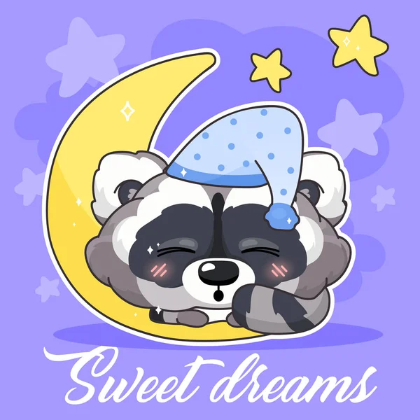 Cute raccoon kawaii character social media post mockup. Sweet dreams lettering. Positive poster, card template with sleeping animal and moon. Social media content layout. Print, kids book illustration — Stock Vector