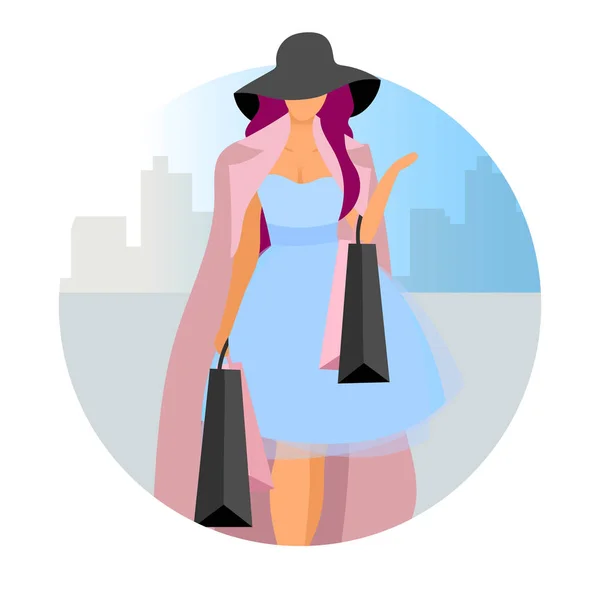 Elegant kvinna gör inköp platt koncept vektor ikon. Fashionabla dam, shopaholic med shoppingväskor klistermärke, clipart. Kvinnlig fashionista, kund, shoppare på köpcentret. Isolerad tecknad illustration — Stock vektor