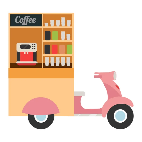 Kaffee Food Truck Flachvektorillustration. Kaffee zum Mitnehmen auf Mopedbasis. bewegliches Stadtcafé. Streetfood-Fahrzeug. Mobile Scooter Heißgetränke Bar isoliert auf weißem Hintergrund — Stockvektor