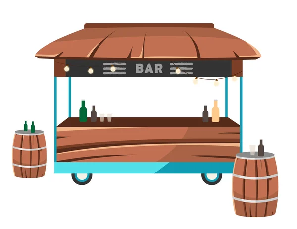 Bar cibo camion piatto vettoriale illustrazione. Cocktail lounge food court. Servizio berlina su ruote. Una macchina per bere. Rimorchio di vendita dell'alcool, tavoli di barili isolati su sfondo bianco — Vettoriale Stock