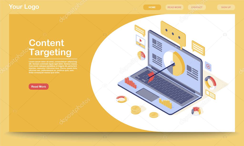 Targeting and content marketing landing page template. Lead generation, audience attraction website interface with flat illustration. Media advertising homepage layout. Web banner, webpage concept