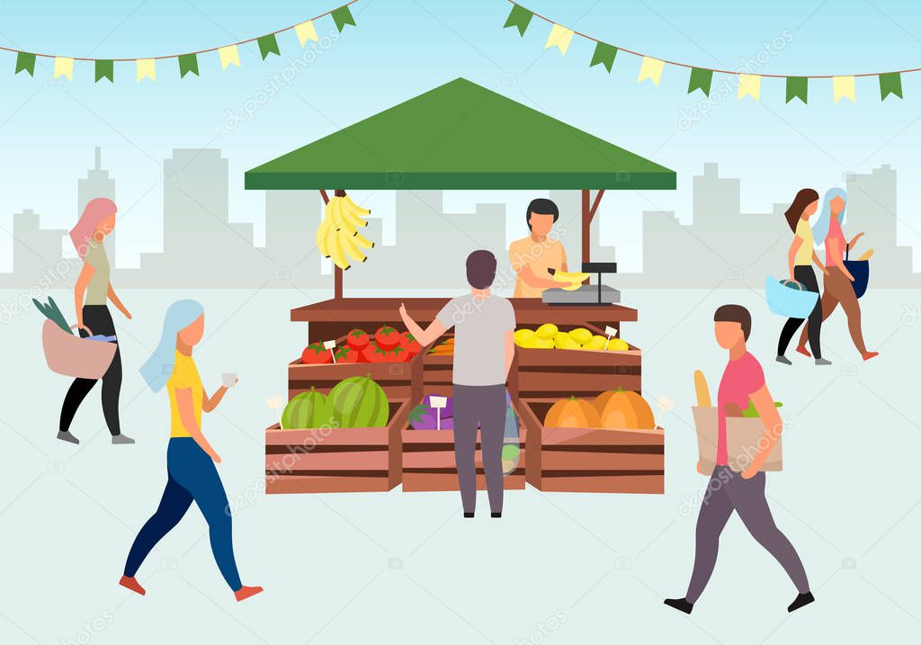 Food street market flat vector illustration. Man buying farm products, eco and organic fruits and vegetables at trade tent with wooden crates. People walk summer market, grocery outdoor street shops