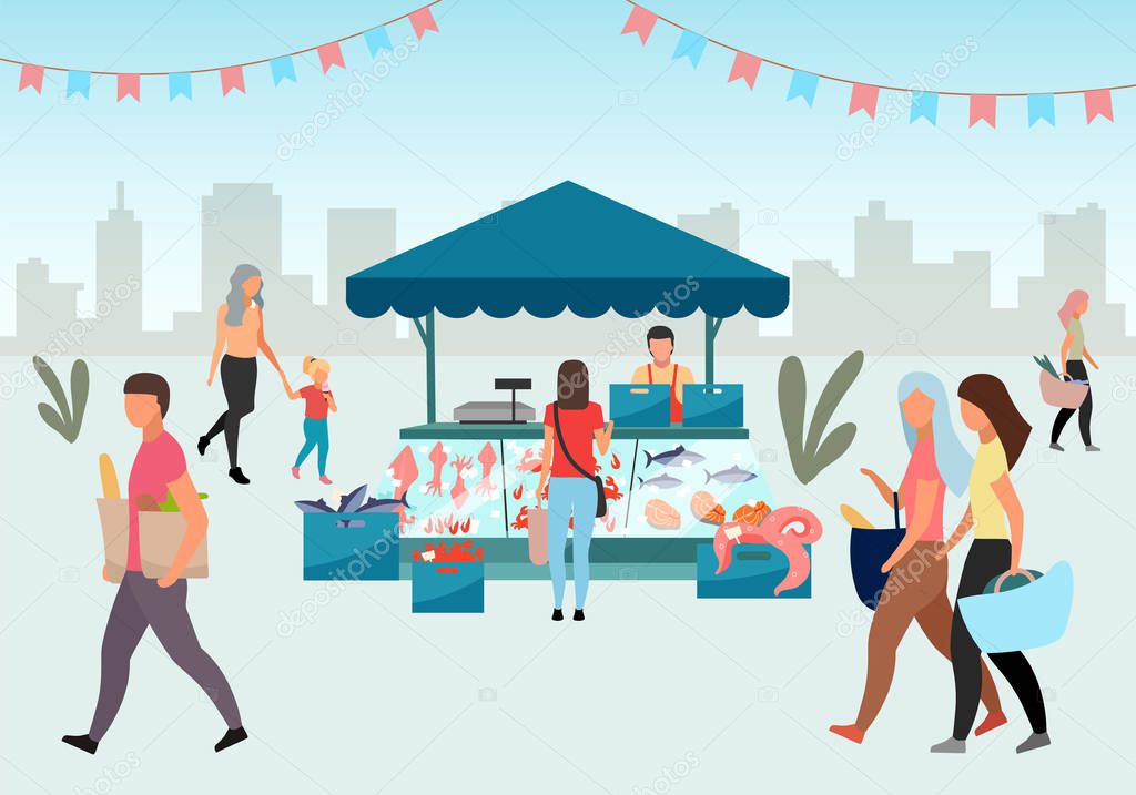 Street fishmarket flat illustration. People walk summer fair, outdoor market stall with seafood. Fresh sea food trade tent, fish counter. Customers with purchases in local shops cartoon characters