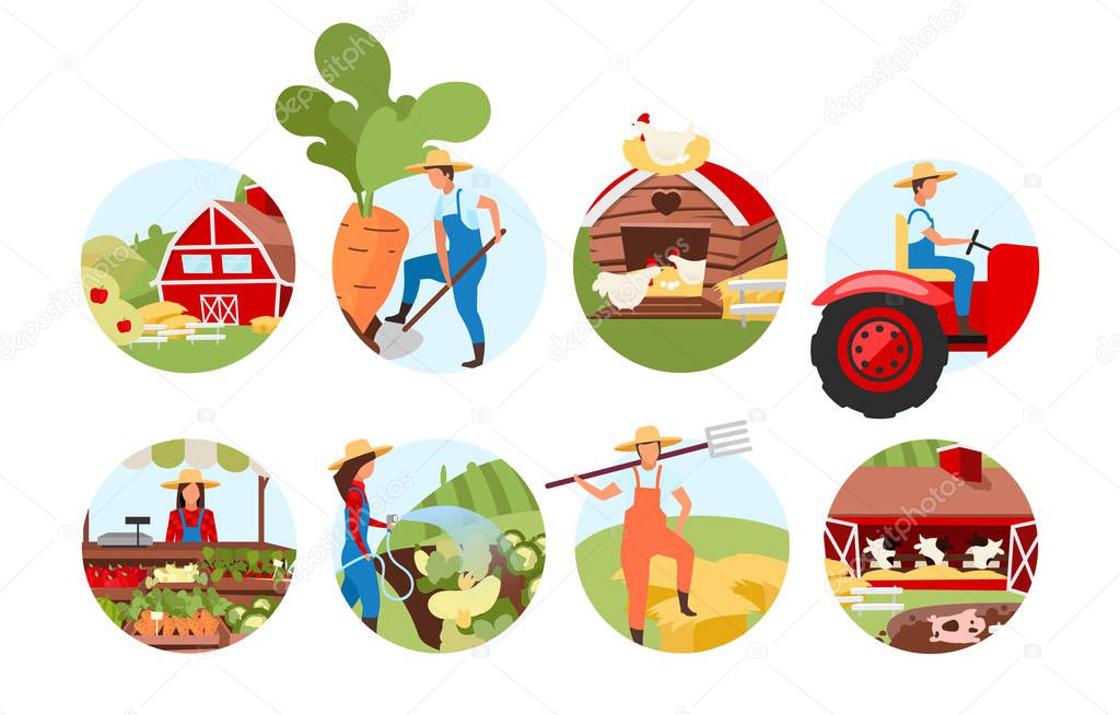 Farming flat concept icons set. Livestock and cattle farm. Agriculture stickers, cliparts pack. Farmers market produce. Crop plants cultivation, vegetable garden. Isolated cartoon illustrations