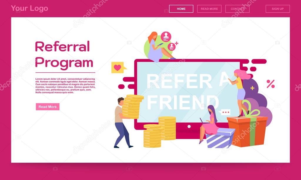 Referral program landing page vector template. Social sharing, refer a friend website interface idea with flat illustrations. Influencer marketing, PR campaign web banner, webpage cartoon layout