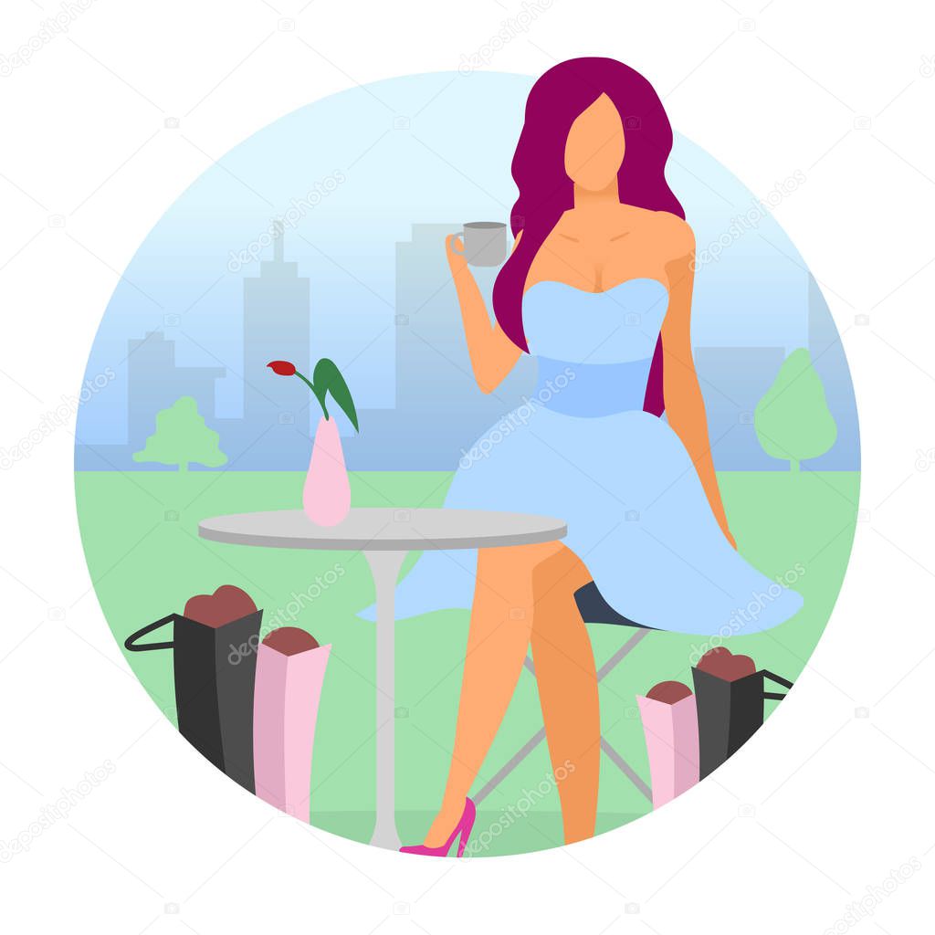 Elegant lady drinking coffee at mall flat concept icon. Shopper, buyer making purchases stickers, cliparts pack. Woman with shopping bags at cafe. Isolated cartoon illustrations on white background