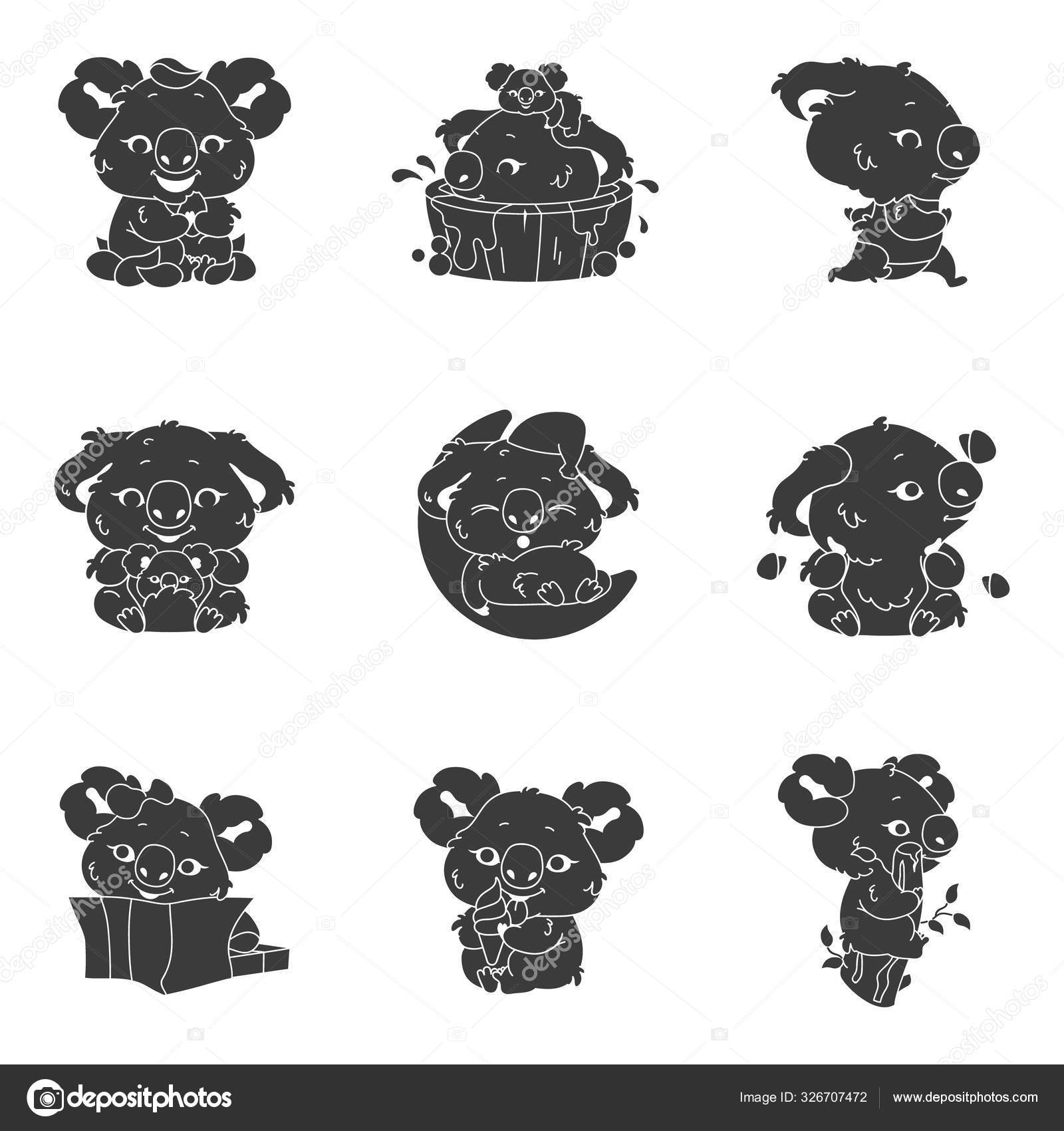 Cute Koala Kawaii Character Glyph Icons Set Adorable And Funny Animal Running Bathing Sleeping Sticker Anime Baby Koala Eating Ice Cream Eucalyptus Emoji Silhouette Vector Isolated Illustration Stock Vector C Ntlstudio 326707472 - koala marble icon roblox