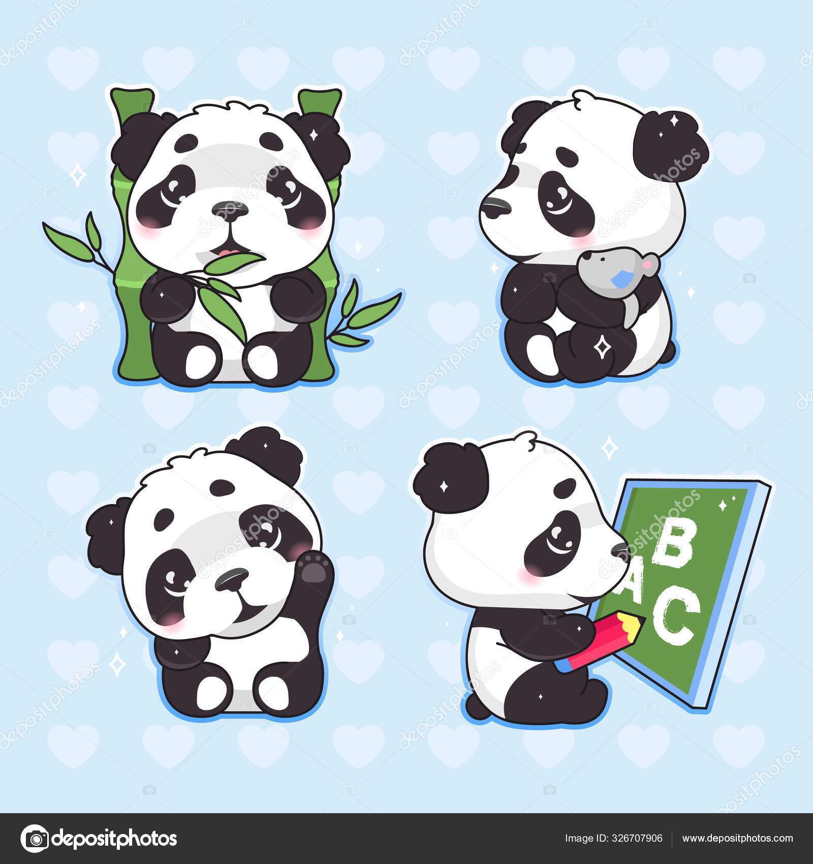 Cute Panda Kawaii Cartoon Vector Characters Set Adorable Happy