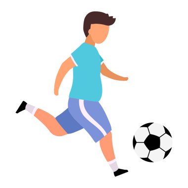 Futbol oynayan çocuk düz vektör çizimi yapıyor. Kilo vermek için spor yapan obez genç beyaz arka planda izole edilmiş çizgi film karakteri. Çocuklar açık hava aktiviteleri, hobi, boş zaman fikri