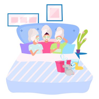 Spa partisi düz vektör çizimi. Yüz maskesi takan kız arkadaş çizgi film karakterleri. Pijama partisi, pijama partisi. Arkadaşlar birlikte güzel vakit geçiriyorlar, eğleniyorlar. Kadın arkadaşlığı kavramı