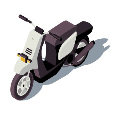 Motosiklet izometrik renk vektörü çizimi. Şehir ulaşım bilgileri. Motosiklet. İki tekerlekli araç. Şehir ulaşımı. Motosiklet 3D konsepti beyaz arkaplanda izole