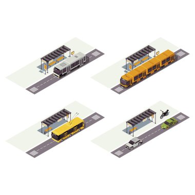 Şehir taşımacılığı izometrik renk vektör çizimi. Toplu taşıma bilgileri. Otobüs durağı. Tramvay, tramvay, arabalar ve motosiklet. Otomatik 3d kavramı beyaz arkaplanda izole edildi
