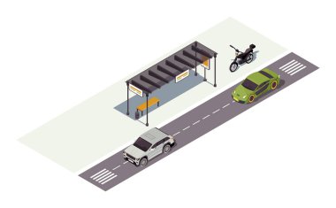 İstasyon izometrik renk vektör çizimi bekleniyor. Otobüs durağı. Otomobiller ve motosikletler. Şehir ulaşım bilgileri. Yol işaretleri. Şehir trafiği. Otomatik 3d kavramı beyaz arkaplanda izole edildi