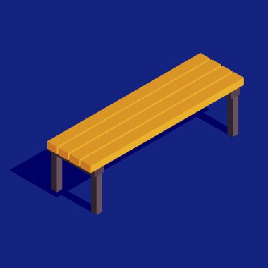 Benç izometrik renk vektör çizimi. Ahşap koltuk bilgisi. Mobilya parçası. Rahatlama ekipmanları. Şehir parkı bankı 3D kavramı mavi arkaplanda izole edildi