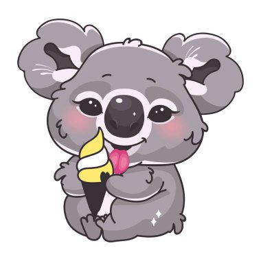 Şirin koala kawaii çizgi film vektör karakteri. Sevimli ve komik gülümseyen bir hayvanın izole edilmiş dondurma etiketi, yama. Anime bebek koala beyaz arka planda tatlı tadıyor.