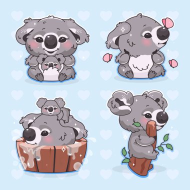 Şirin koala kawaii çizgi film vektör karakterleri ayarlandı. Uçan kelebeklerle oynayan sevimli ve komik bir hayvan. İzole edilmiş çıkartmalar, yamalar. Anime bebek koala ve mavi arka planda annesi.