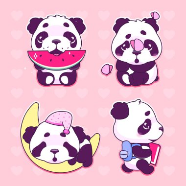 Şirin panda kawaii çizgi film vektör karakterleri ayarlandı. Sevimli ve komik bir hayvan karpuz yiyor, Ay 'da uyuyor izole edilmiş çıkartmalar, yamalar. Anime bebek panda emojisi pembe arka planda.