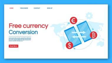 Ücretsiz para birimi dönüşüm iniş sayfası şablonu. Düz çizimler ile finansal işlemler web sitesi arayüzü fikri. Uluslararası para transferi ana sayfa düzeni. Web pankartı, web sayfası konsepti