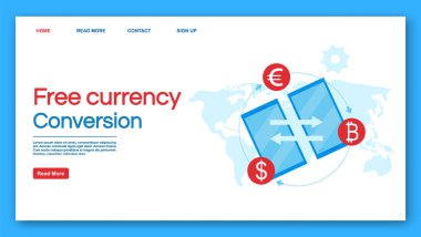 Free currency conversion landing page vector template. Financial transaction website interface idea with flat illustrations. International money transfer homepage layout. Web banner, webpage concept clipart