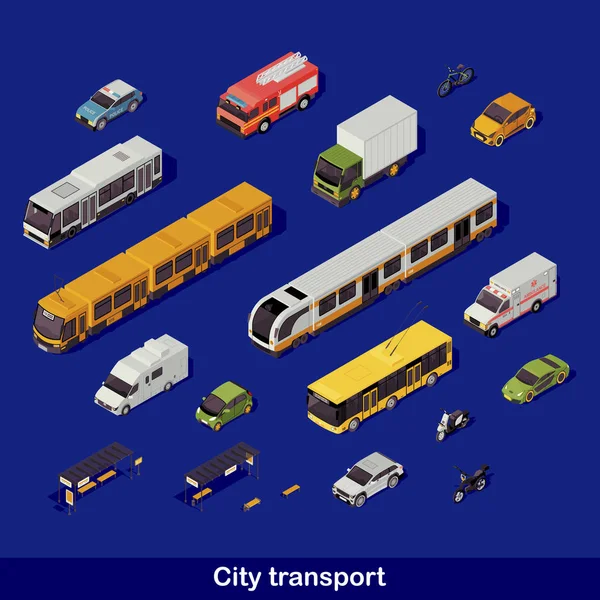 Illustrazione vettoriale isometrica del colore del trasporto urbano. Infografica trasporto urbano. Tram, filobus, auto e moto. Servizi di aiuto d'emergenza. Auto 3d concetto isolato su sfondo blu — Vettoriale Stock