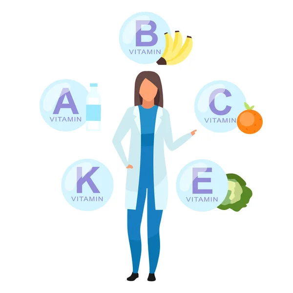 Dokter die vitamine bronnen uitlegt, vlakke vectorillustratie. Voedingsdeskundige met vers fruit, groenten. Diëtitische bevordering van de consumptie van zuivelproducten geïsoleerd stripfiguur op witte achtergrond — Stockvector