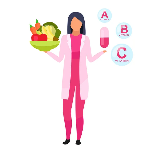 Naturliga kontra syntetiska vitaminer platt vektor illustration. Kvinnlig läkare som håller skål med färska frukter, grönsaker isolerade tecknad karaktär på vit bakgrund. Dietist förklara kosttillskott — Stock vektor