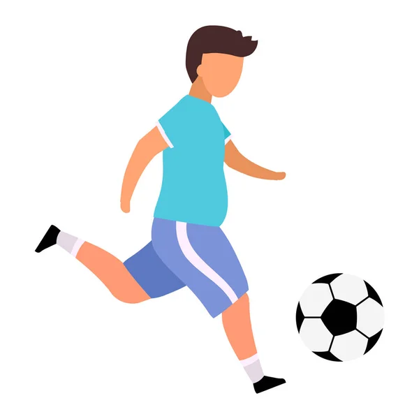 Menino jogando futebol ilustração vetorial plana. Adolescente obeso fazendo esportes para perder peso personagem cartoon isolado no fundo branco. Crianças atividades ao ar livre, hobby, ideia de tempo de lazer — Vetor de Stock