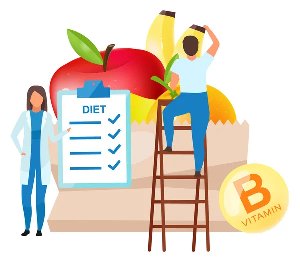 Recomendações alimentares nutricionistas ilustração vetorial plana. Médica feminina adicionando frutas frescas ao plano nutricional diário. comprador masculino na metáfora escada personagem cartoon isolado no fundo branco — Vetor de Stock