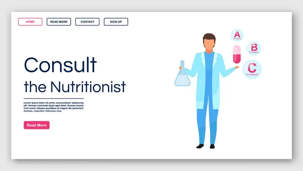 Consulting nutritionist landing page vector template. Dietitian advice website interface idea with flat illustrations. Weight loss clinic homepage layout. Web banner, webpage cartoon concept — ストックベクタ
