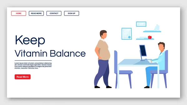 Keeping vitamin balance landing page vector template. Doctor consulting patient website interface idea with flat illustrations. Healthy nutrition homepage layout. Web banner, webpage cartoon concept — ストックベクタ