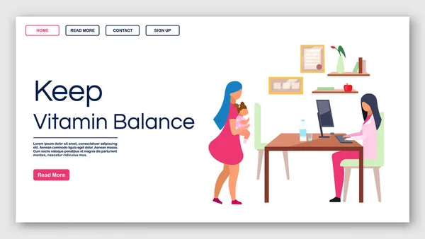 Kids nutrition vitamins balance landing page vector template. Pediatrician website interface idea with flat illustrations. Childcare homepage layout. Nutritionist web banner, webpage cartoon concept — ストックベクタ