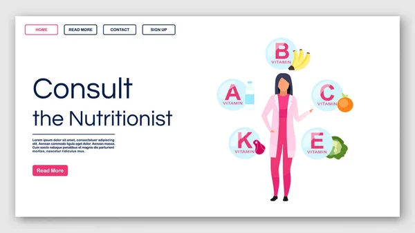 Consulting nutritionist landing page vector template. Dietitian recommendations website interface idea with flat illustrations. Vitamin balance homepage layout. Web banner, webpage cartoon concept — ストックベクタ