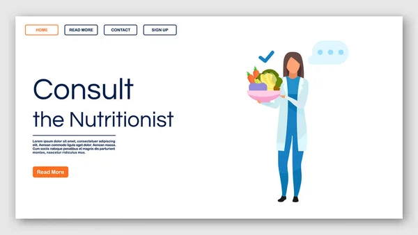 Nutritionist recommendations landing page vector template. Consulting dietitian website interface idea with flat illustrations. Healthy food homepage layout. Web banner, webpage cartoon concept — ストックベクタ