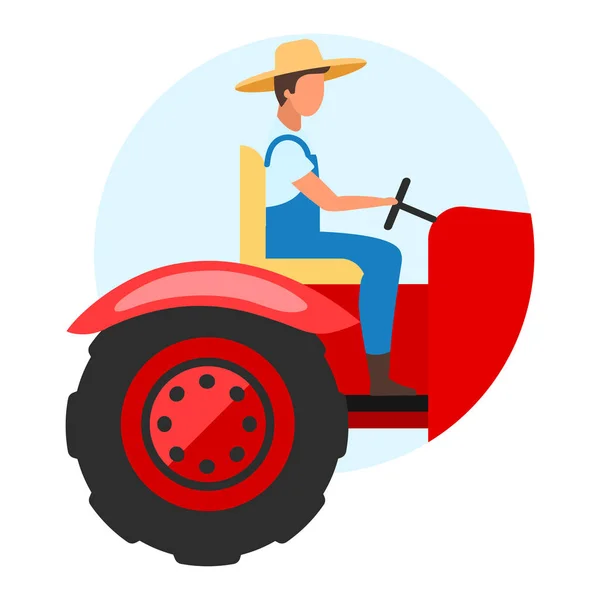 Ikona plochého konceptu traktoru. Nálepka na zemědělské stroje, kliparty. Pěstování, výsadba, sklizeň. Farmář, dělník, co řídí mini traktor. Izolované kreslené ilustrace na bílém — Stockový vektor