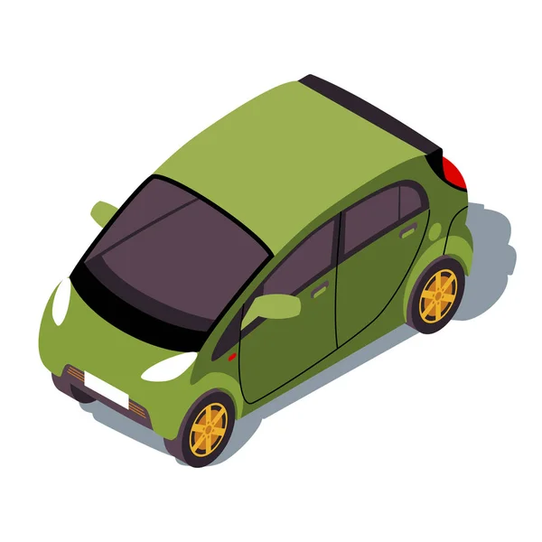 Ilustrace izometrického barevného vektoru mikro auta. Infografie městské dopravy. Zelené kei auto. Městské minikompakt auto. Místní doprava. Automobilový 3D koncept izolované na bílém pozadí — Stockový vektor