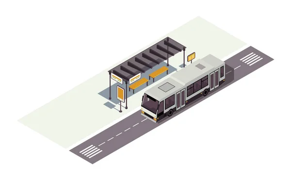 Fermata bus colore isometrico vettoriale illustrazione. Alla stazione d'attesa. Infografica del trasporto pubblico urbano. Trasporto urbano. Traffico cittadino. Auto 3d concetto isolato su sfondo bianco — Vettoriale Stock