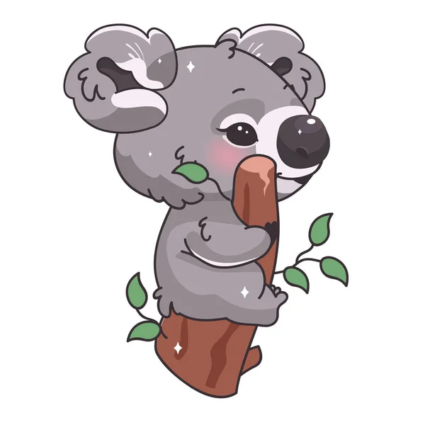 Leuke koala kawaii cartoon vector karakter. Schattig en grappig dier zit op tak en het eten van eucalyptus bladeren geïsoleerde sticker, patch. Anime baby koala emoji op witte achtergrond — Stockvector