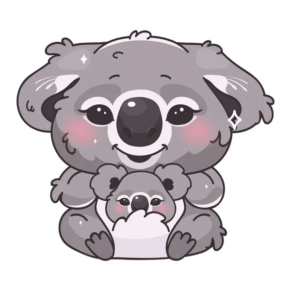 Niedlichen Koala kawaii Cartoon-Vektor-Figur. entzückende und lustige Tiere Mutter und Kind sitzen und lächeln isolierte Aufkleber, Aufnäher, Kinderbuch-Illustration. Anime Baby Koala emoji auf weißem Hintergrund — Stockvektor