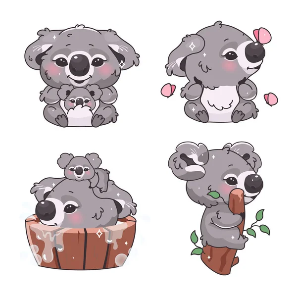 Mignon koala ours kawaii personnages vectoriels de dessin animé ensemble. Adorable et drôle animal assis sur la branche, se baignant et relaxant autocollants isolés, patchs pack. Anime bébé koala sur fond blanc — Image vectorielle