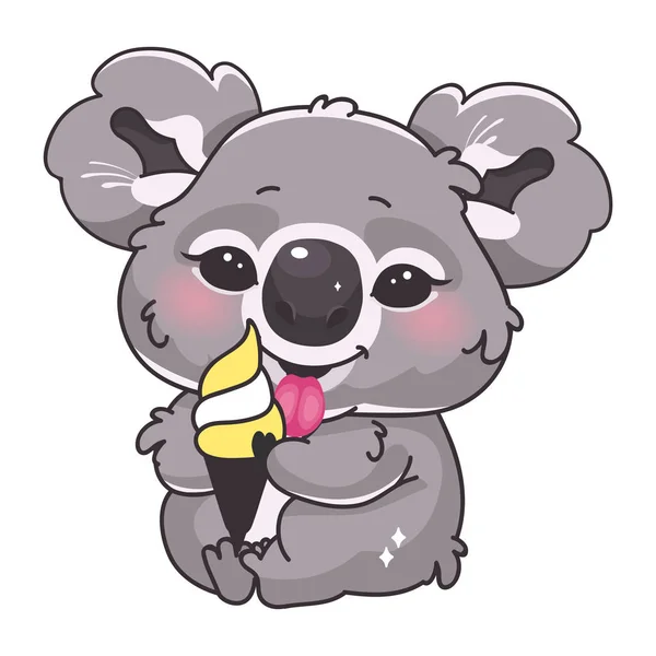 Şirin koala kawaii çizgi film vektör karakteri. Sevimli ve komik gülümseyen bir hayvanın izole edilmiş dondurma etiketi, yama. Anime bebek koala beyaz arka planda tatlı tadıyor. — Stok Vektör