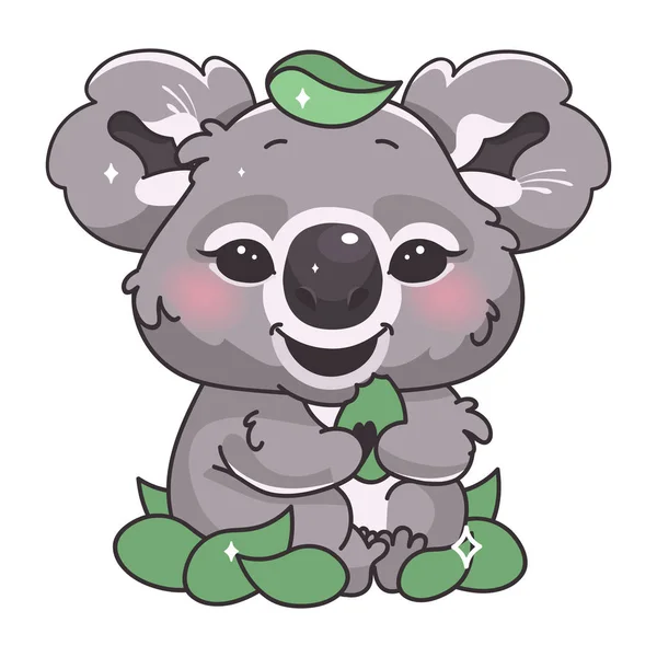 Mignon koala kawaii personnage vecteur de dessin animé. Adorable et drôle sourire animal mangeant eucalyptus autocollant isolé, patch, illustration de livre pour enfants. Anime bébé koala ours emoji sur fond blanc — Image vectorielle