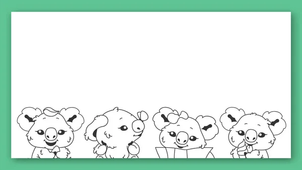 Carino koala kawaii personaggio vettore cornice. Anime bambino koala sorridente e mangiare caratteri lineari eucalipto isolato bordo quadrato con spazio di testo. Illustrazione di libri per bambini, elemento di design poster — Vettoriale Stock