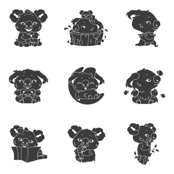 Mignon koala kawaii personnages glyphe icônes ensemble. Adorable et drôle animal courir, se baigner, dormir autocollant. Anime bébé koala manger de la crème glacée, eucalyptus emoji silhouette. Illustration vectorielle isolée — Image vectorielle