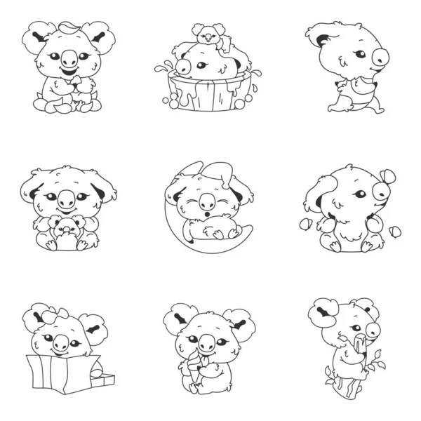 Cute koala kawaii linear characters pack. Adorable and funny animal running, bathing, sleeping on moon isolated stickers, patches. Anime baby koala doodle emojis thin line icons set — Stock Vector