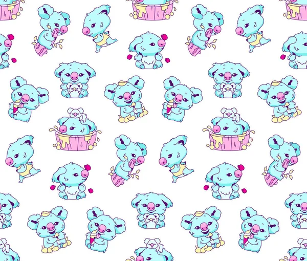 Cute koala kawaii color vector seamless pattern. Adorable and funny animal bathing, eating ice cream, sitting on branch wrapping paper, wallpaper. Anime baby koala character on white background — Stock Vector