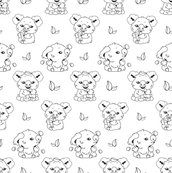 Lindo koala caracteres kawaii lineales patrón sin costuras. Papel de embalaje positivo, papel pintado. Adorable y divertido animal vector. Anime bebé koala comiendo helado y jugando con mariposas — Vector de stock