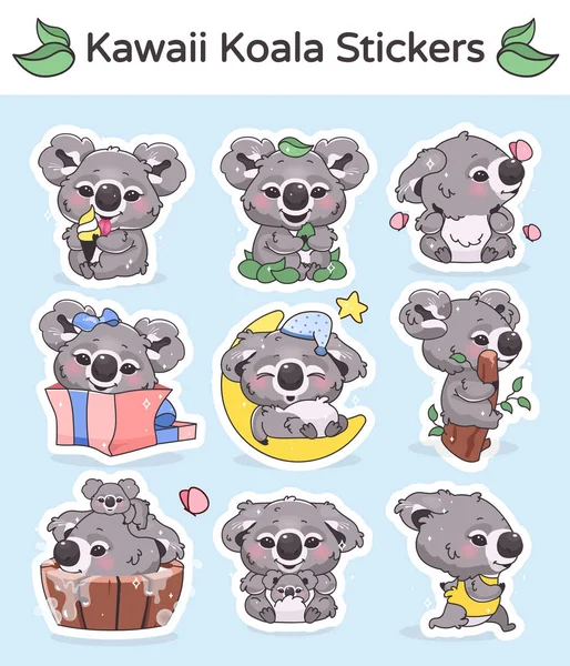 Lindo koala aplicación móvil kawaii personajes de dibujos animados pegatinas pack. Aplicación de mensajería parches digitales con koala bebé anime. Adorable, animal gracioso. Redes sociales vector emojis, colección de emoticonos — Vector de stock