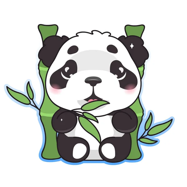 Aranyos panda eszik bambusz kawaii rajzfilm vektor karakter. Imádnivaló, boldog és vicces állat élvezze élelmiszer elszigetelt matrica, patch, gyerekek könyv illusztráció. Anime baba panda medve emoji fehér háttér — Stock Vector